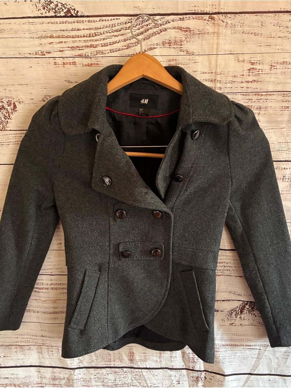 H&M Women's Dark Gray Double-Breasted Wool Blend Peacoat 4 Small